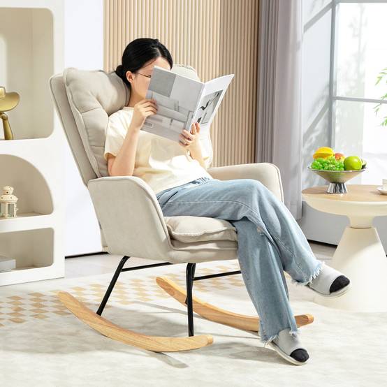 Sans Marque - Fauteuil à bascule, rocking chair en chenille, dossier et assise larges rembourrés, accoudoirs, 71 x 98,5 x 97 cm, beige - Image 9