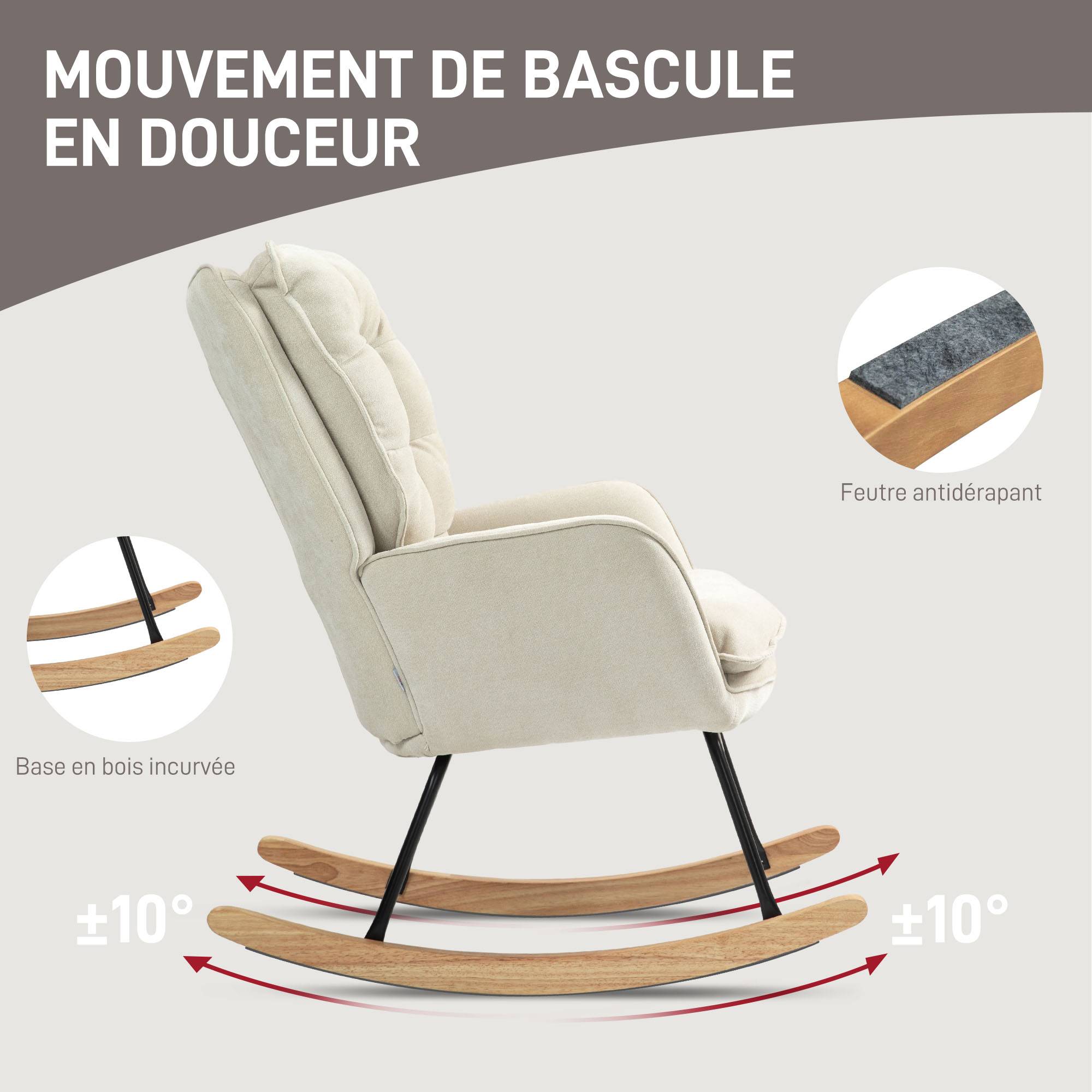 Sans Marque - Fauteuil à bascule, rocking chair en chenille, dossier et assise larges rembourrés, accoudoirs, 71 x 98,5 x 97 cm, beige - Image 6