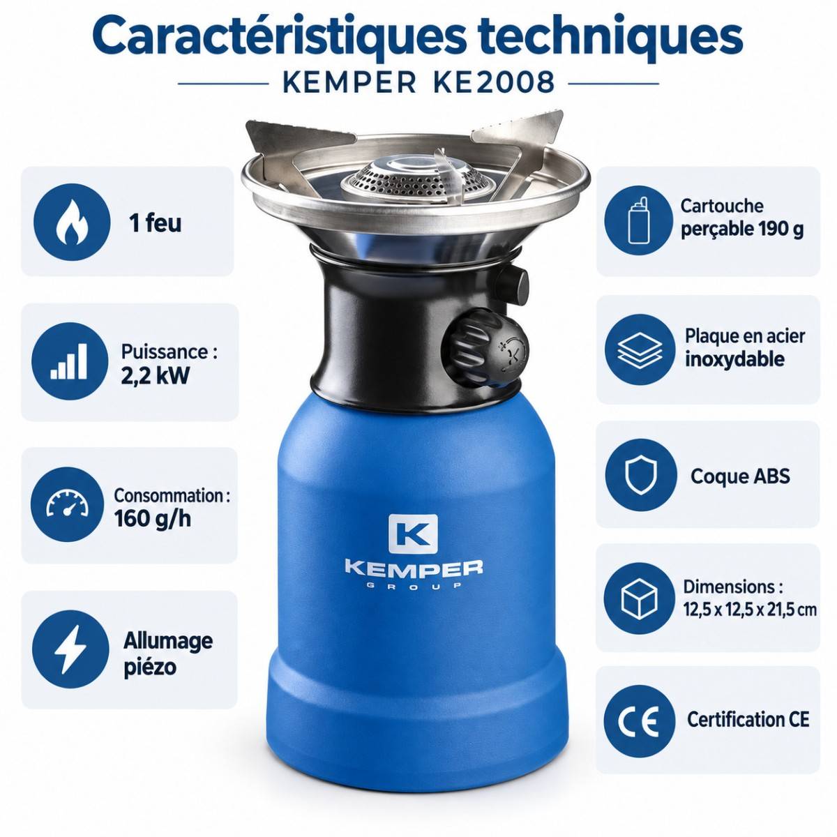 Réchaud gaz 2200W Coque ABS Piezo + 4 cartouches de gaz 190gr KEMPER - Imagen 4