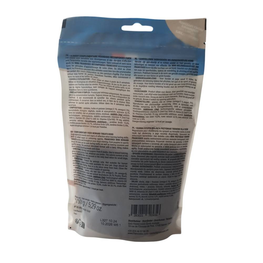 Francodex - Mini golosinas de recompensa sabor salmón 150 g para perros y cachorros - Imagen 3