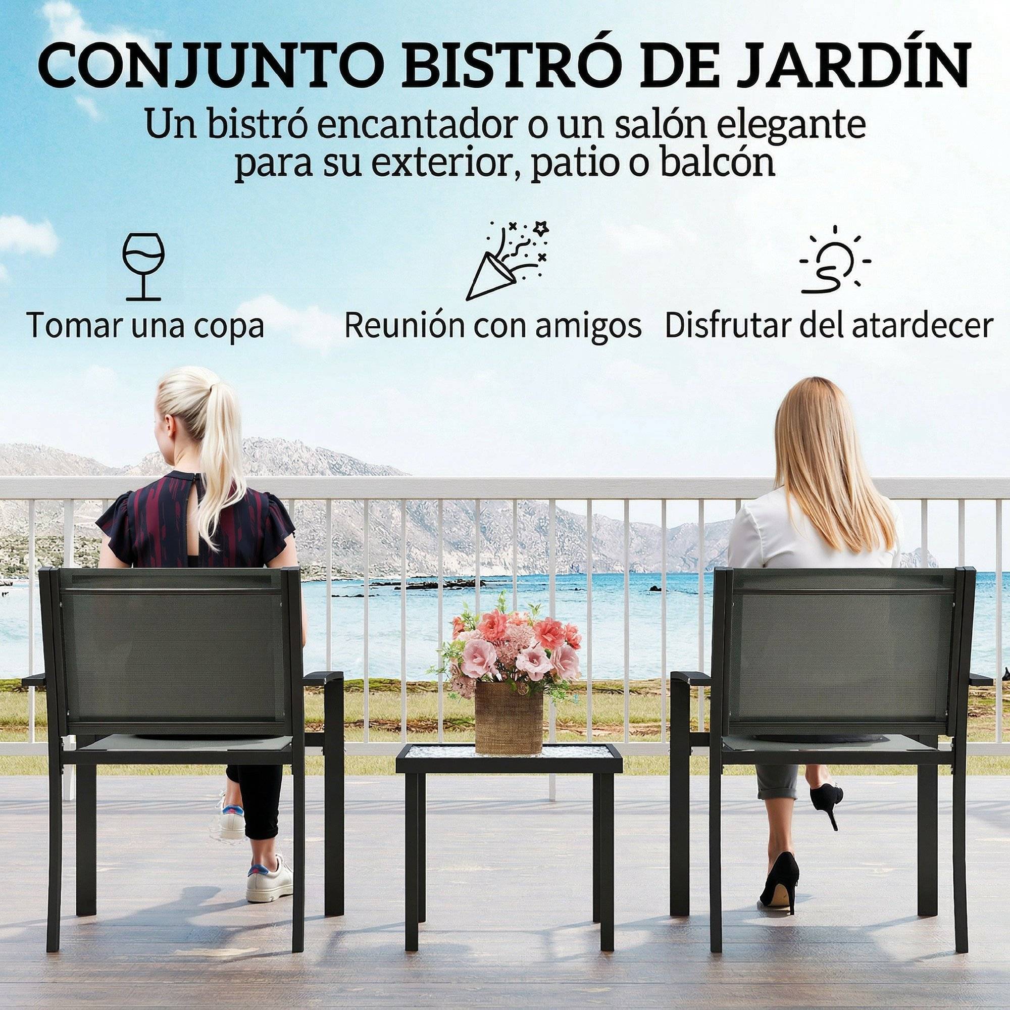 Ensemble de jardin bistro 3 pièces acier et textilène pour terrasse gris - ComfortXL Outdoor Living - Image 6