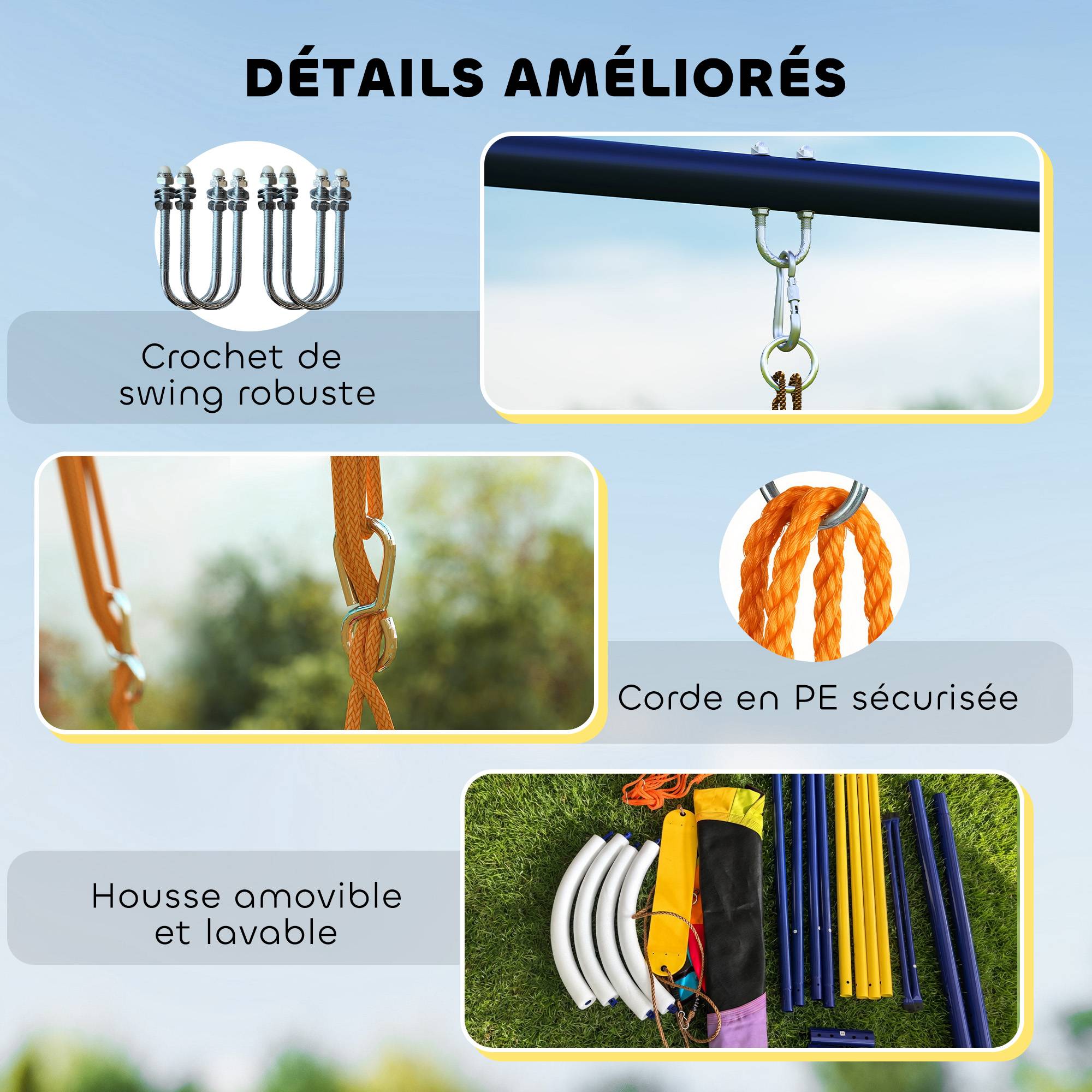 Balançoire portique pour enfant avec double  balancelles, cordes réglables, cadre en acier, pour 3-8 ans, multicolore - Image 10