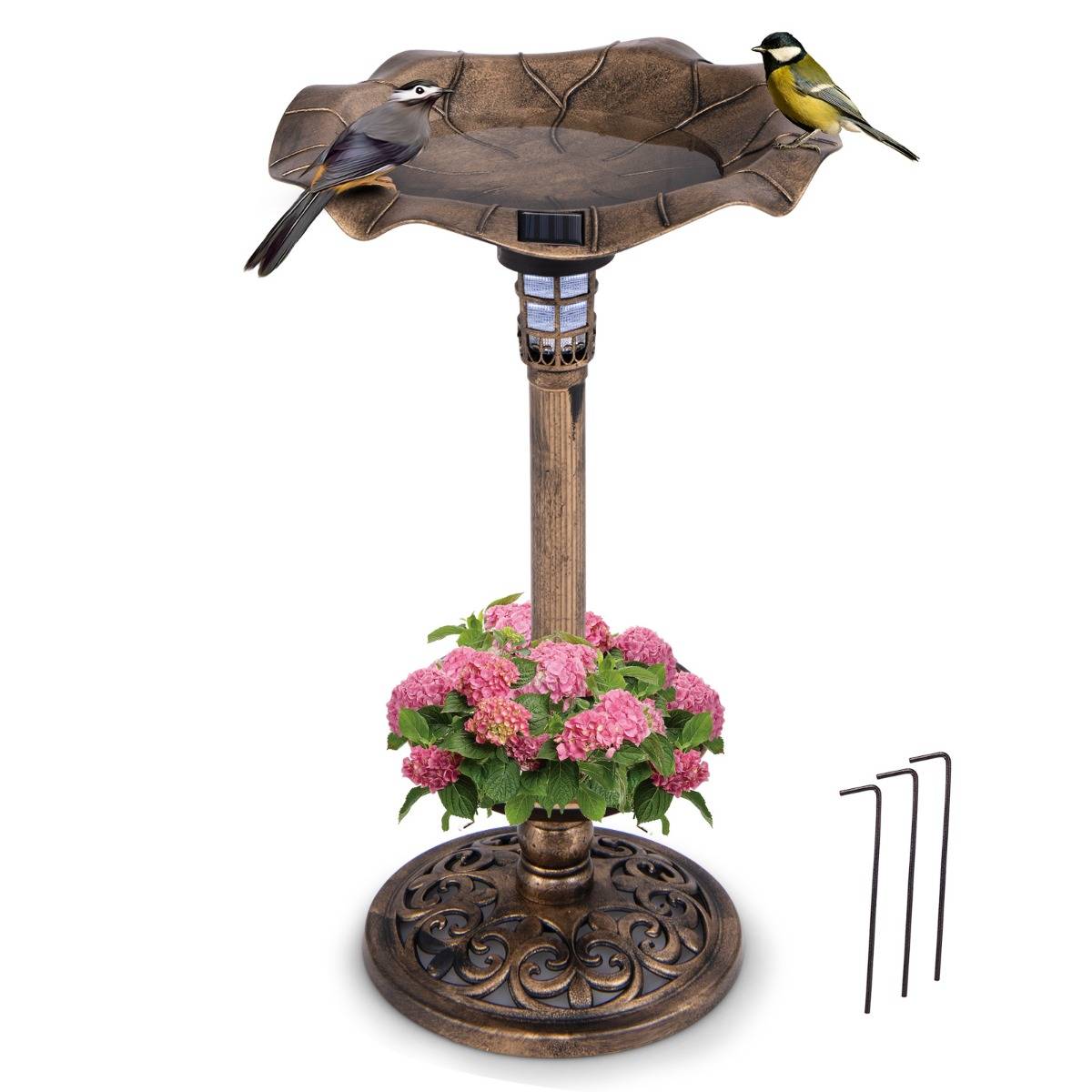 Bain d'Oiseaux Solaire Extérieur Combo sur Piédestal et Mangeoire avec Bol en Feuille de Lotus Jardinière Lampe Solaire Bronze Antique F66R - Image 1