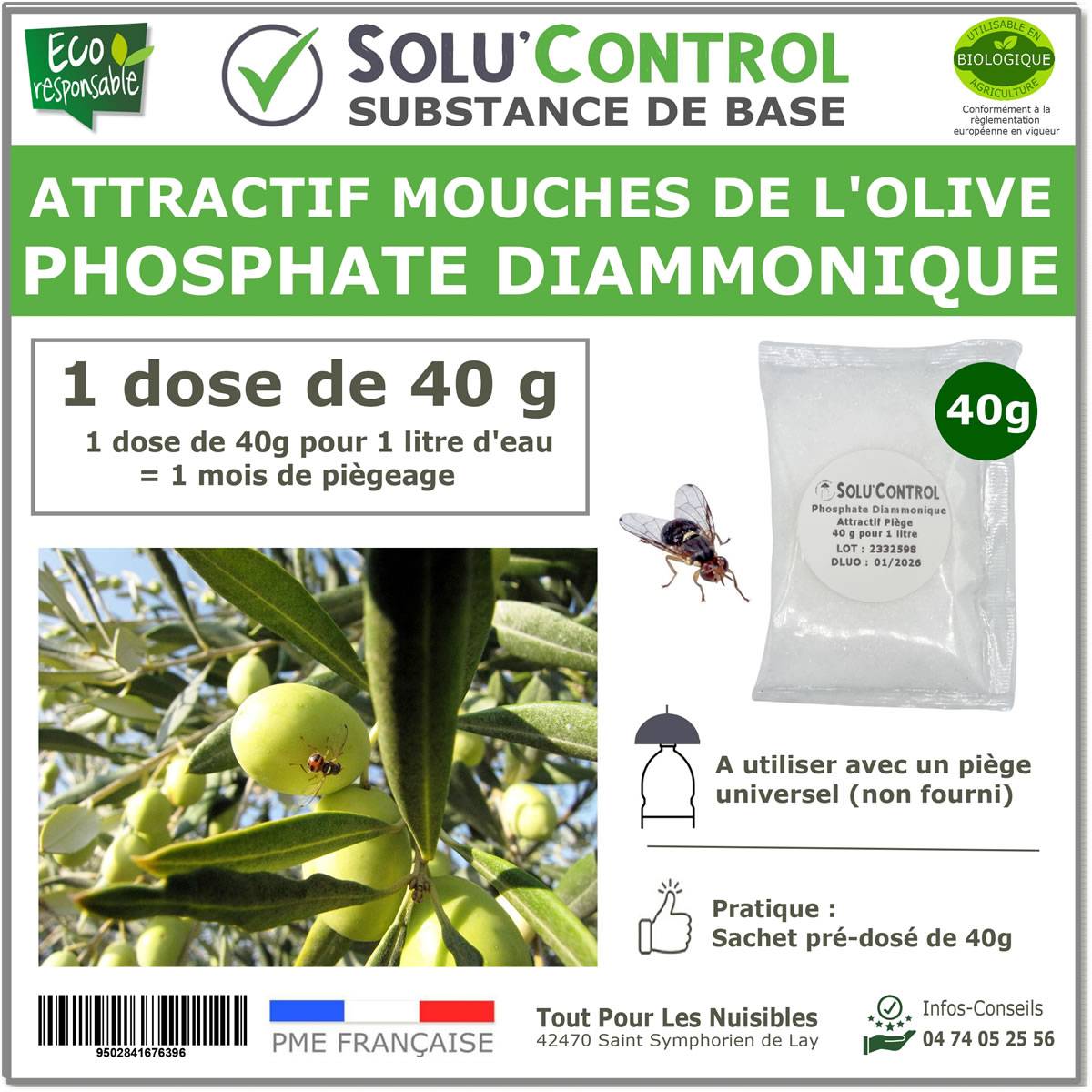 SOLU'CONTROL - Phosphate Diammonique, appât naturel contre la mouche de l'olive - Sachet de 40g