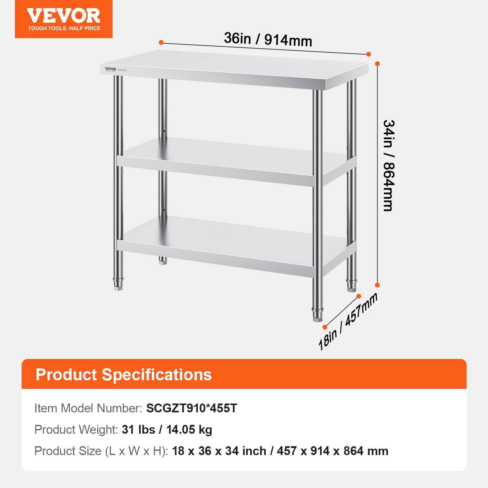 VEVOR Station travail cuisine métal 18x36x34 pouces, inox, 2 étagères flexibles, durable pour cuisine. - Image 7