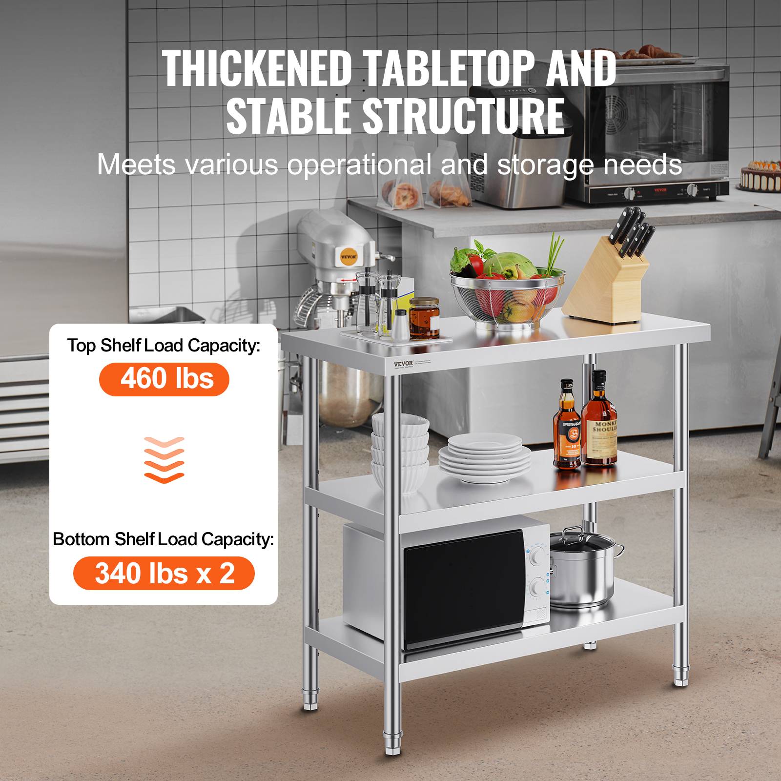 VEVOR Station travail cuisine métal 18x36x34 pouces, inox, 2 étagères flexibles, durable pour cuisine. - Image 3