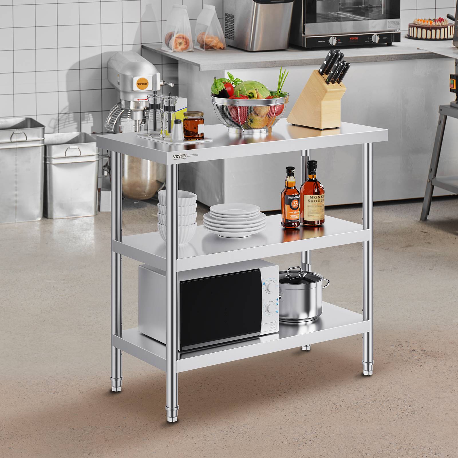 VEVOR Station travail cuisine métal 18x36x34 pouces, inox, 2 étagères flexibles, durable pour cuisine. - Image 8