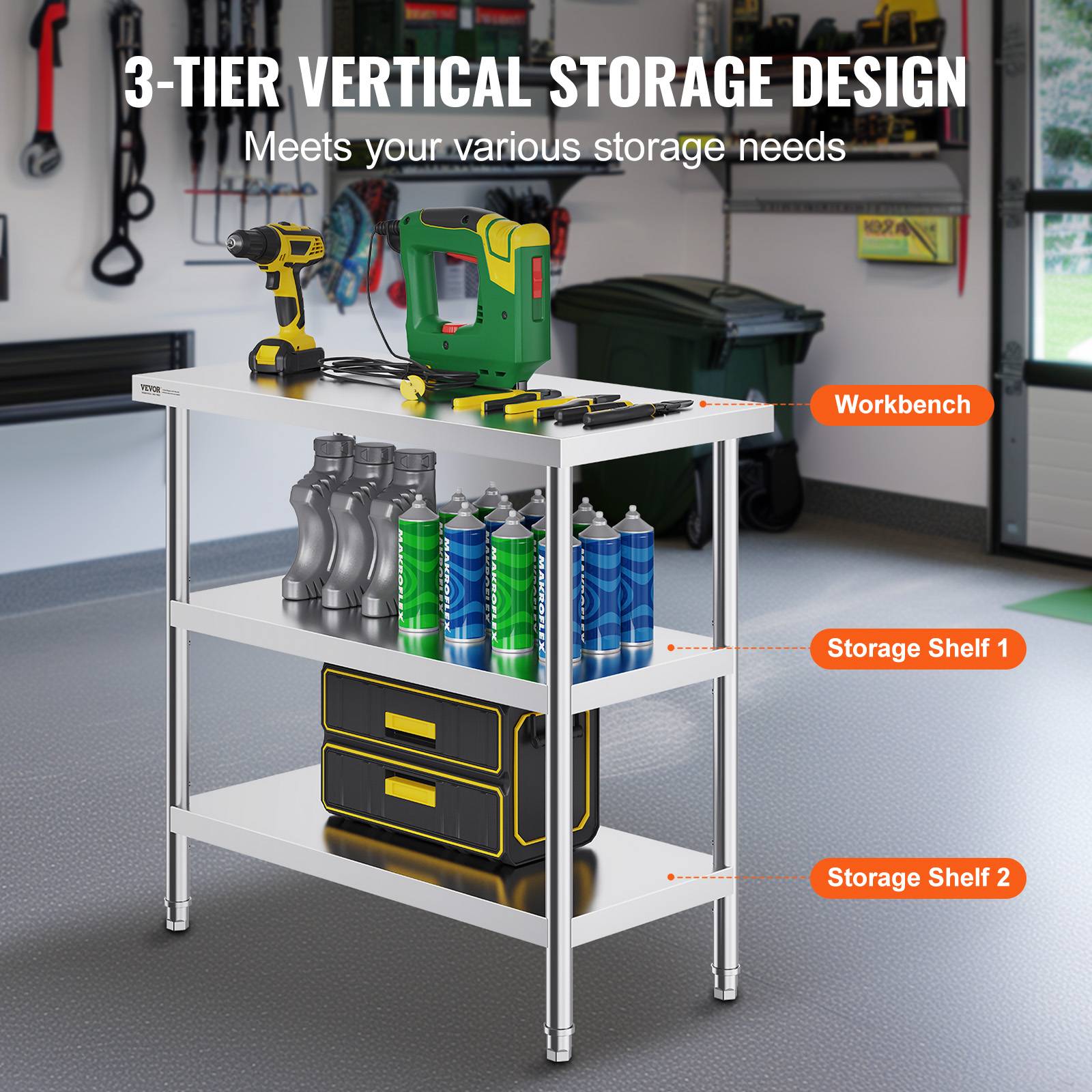 VEVOR Station travail cuisine métal 18x36x34 pouces, inox, 2 étagères flexibles, durable pour cuisine. - Image 4