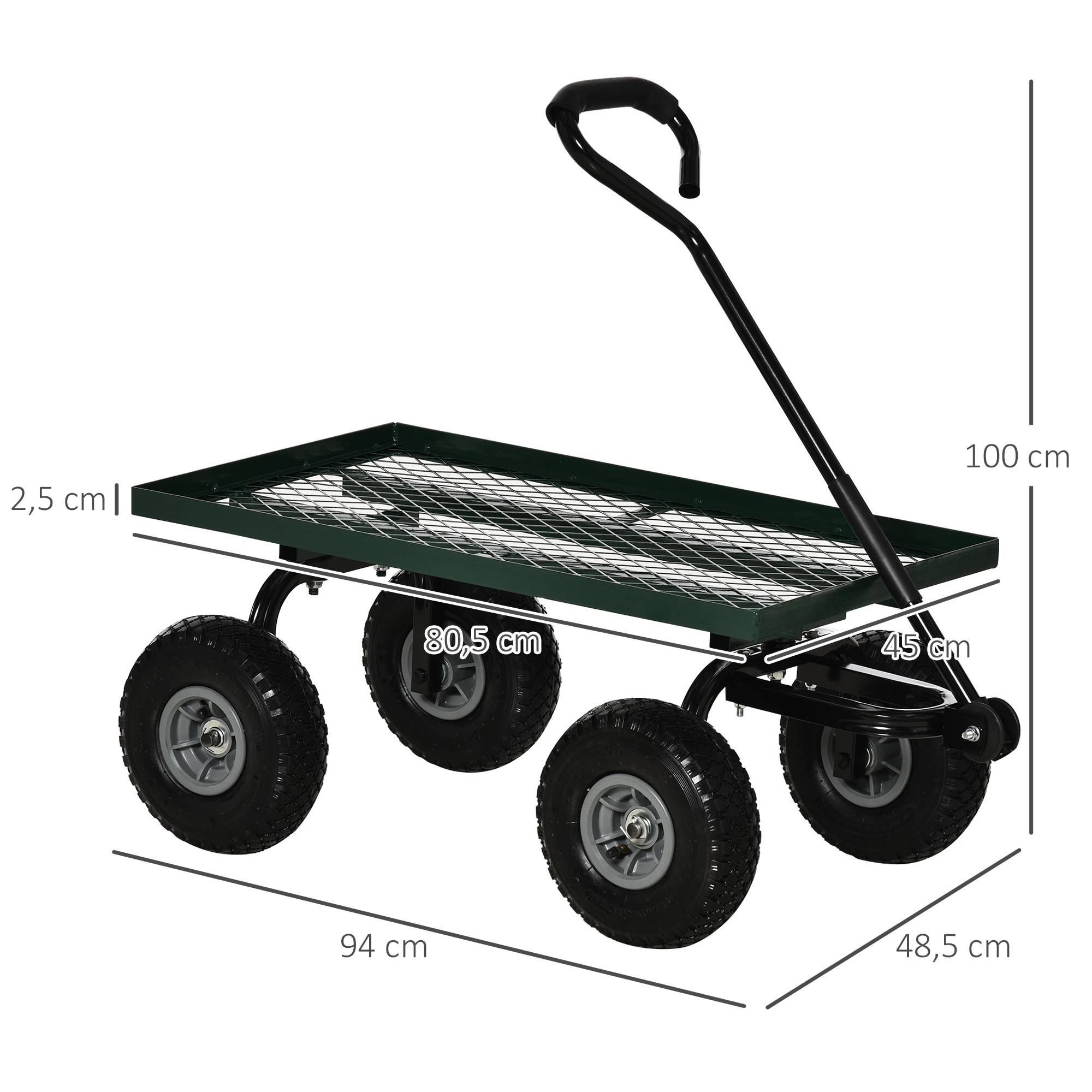 Chariot de transport acier robuste travaux extérieurs charges lourdes 94x48x100cm vert - ComfortXL Outdoor Living - Image 5
