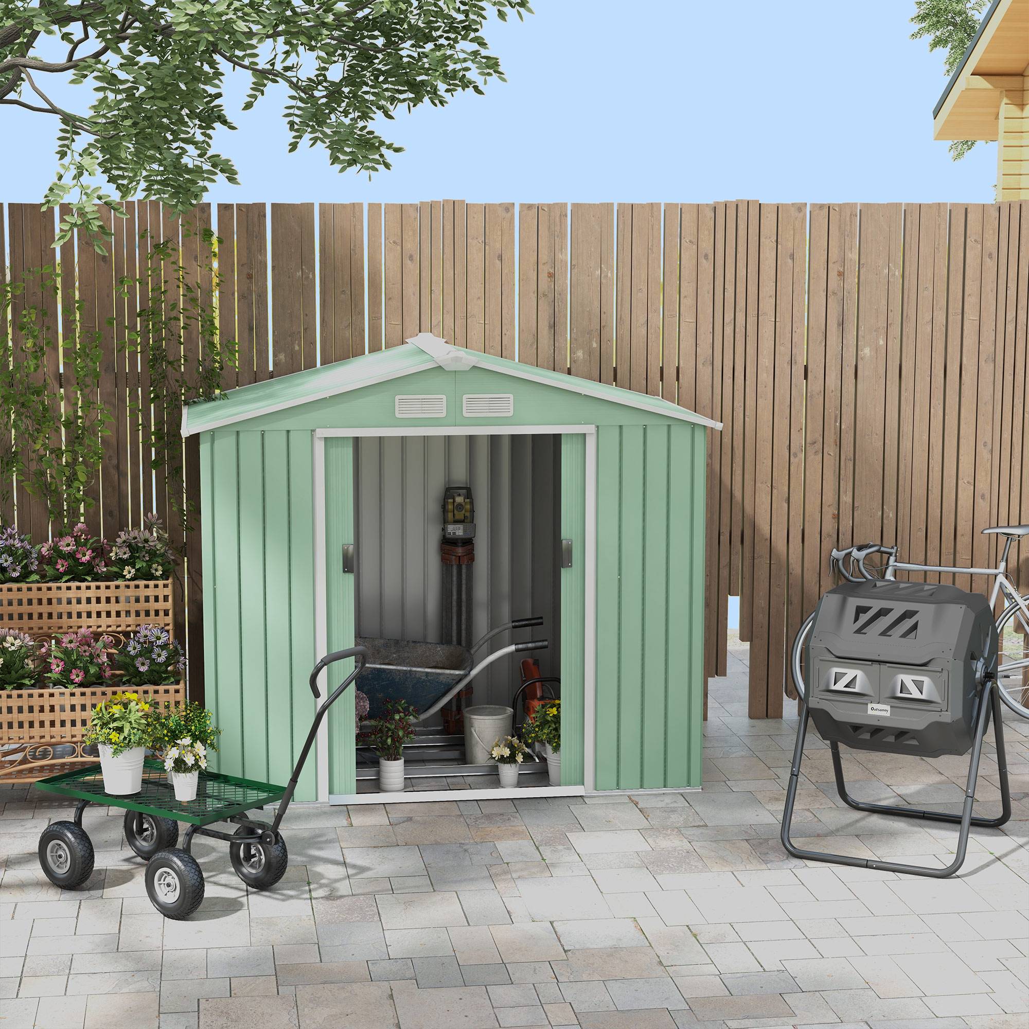 Chariot de transport acier robuste travaux extérieurs charges lourdes 94x48x100cm vert - ComfortXL Outdoor Living - Image 9