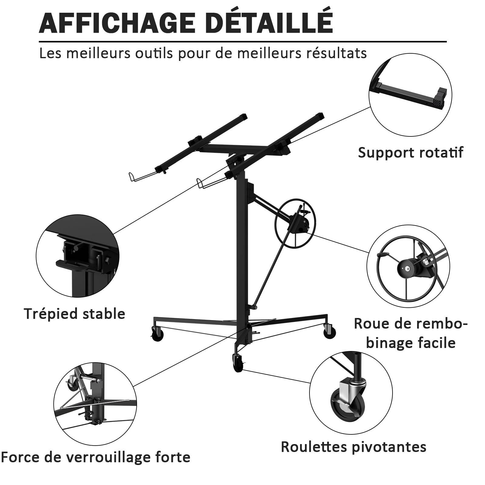 Grue à plaques de plâtre XXL – Charge maximale 68 kg, hauteur réglable 140–325 cm, couleur noire - Image 5