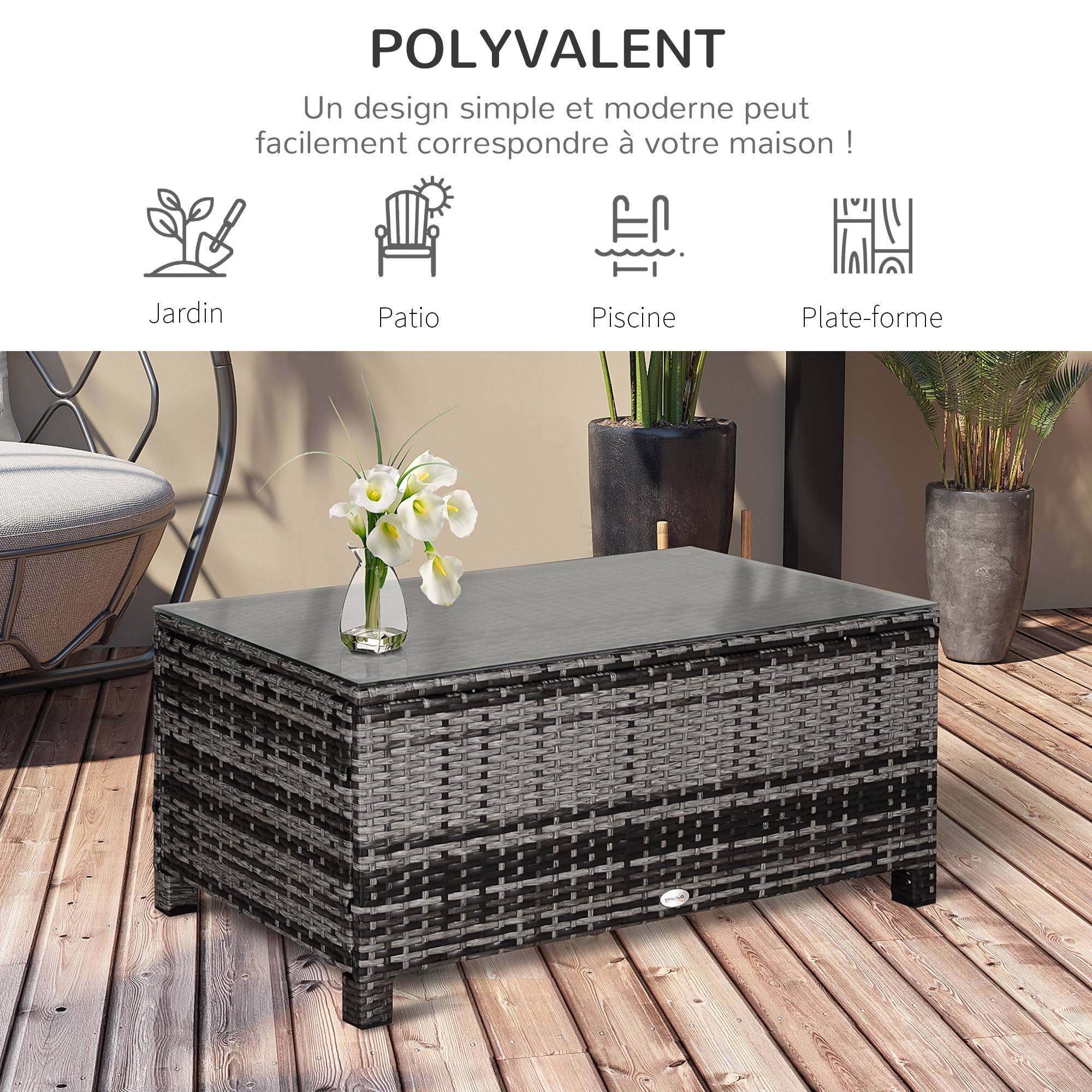 Table basse jardin métal résine tressée terrasse convivialité 85x50x39cm gris - ComfortXL Outdoor Living - Image 8