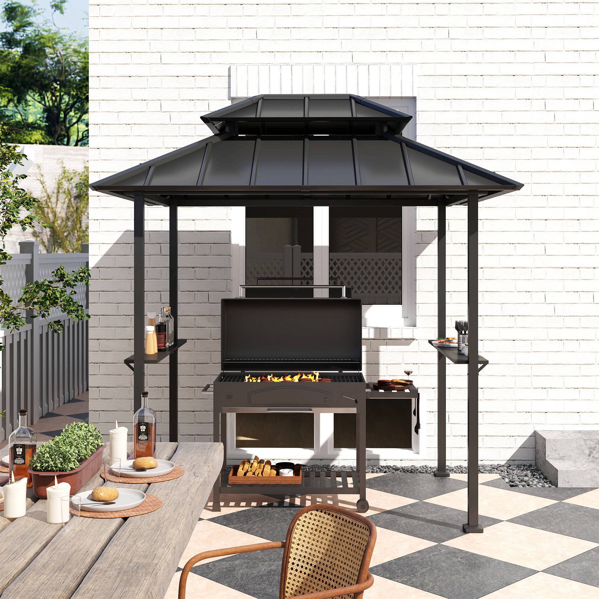ComfortXL - Tonnelle abri barbecue métal double-toit rigide avec étagères noir 244x184cm - ComfortXL Outdoor Living - Image 10