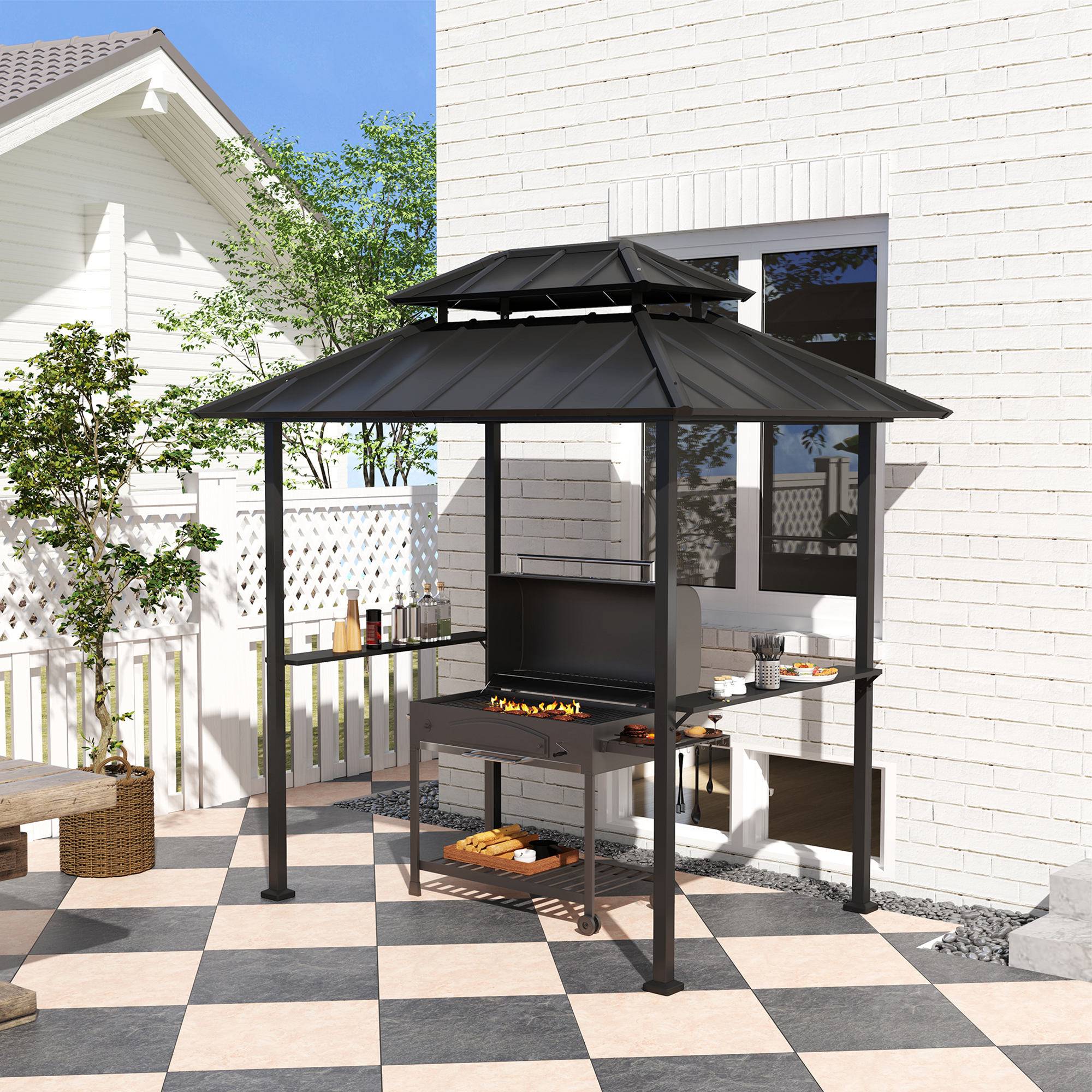 ComfortXL - Tonnelle abri barbecue métal double-toit rigide avec étagères noir 244x184cm - ComfortXL Outdoor Living - Image 4