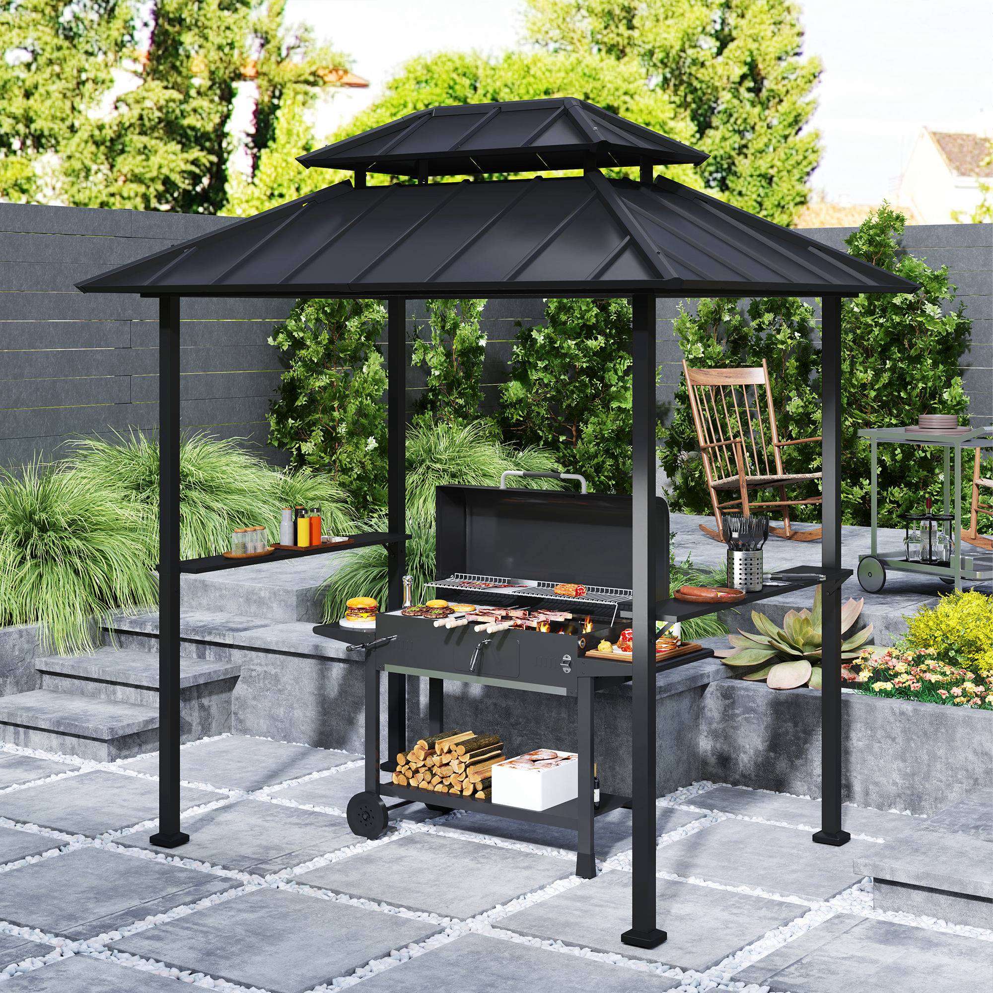 ComfortXL - Tonnelle abri barbecue métal double-toit rigide avec étagères noir 244x184cm - ComfortXL Outdoor Living - Image 3