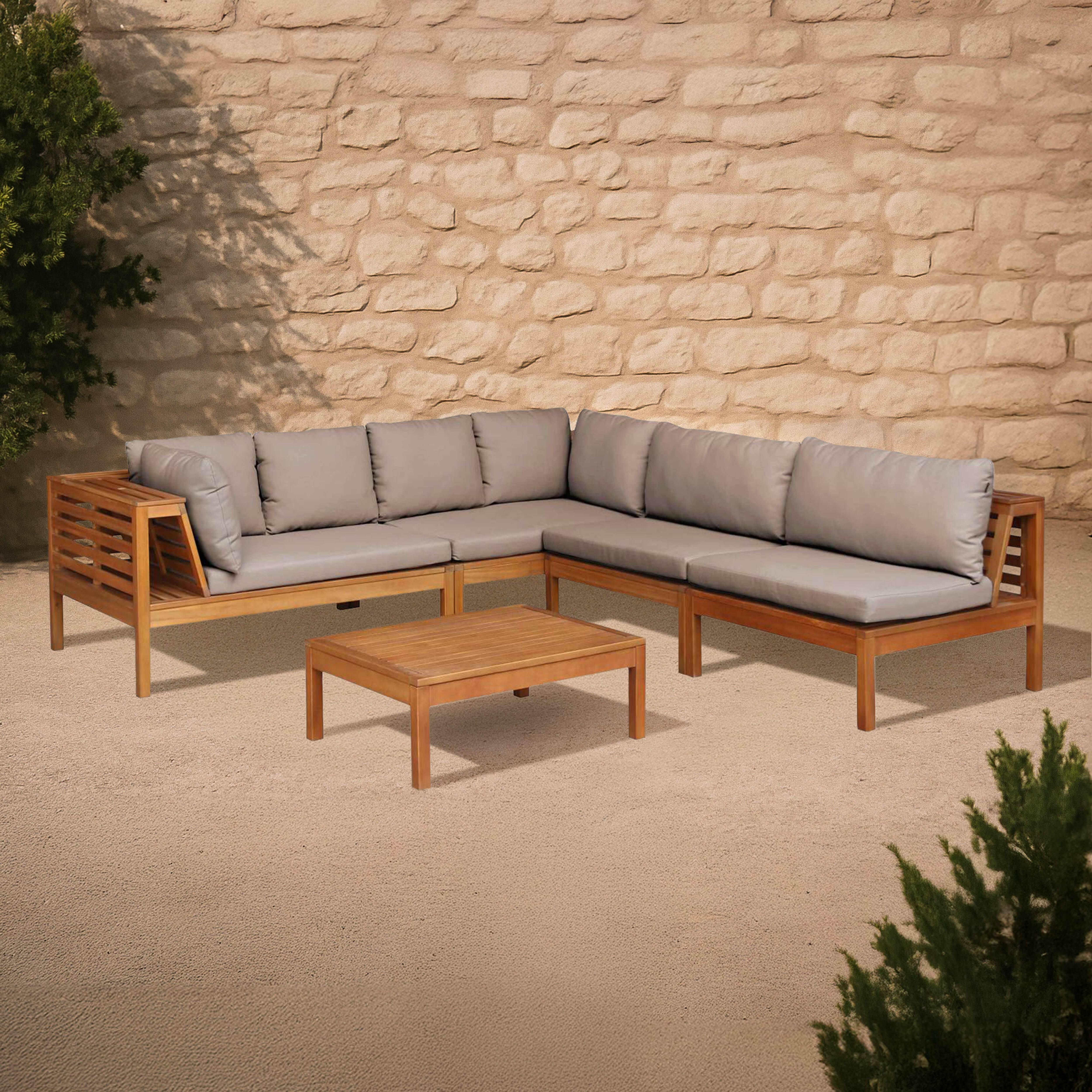 Oviala - Salon de jardin bas d'angle 5 places en bois avec table taupe Maupiti - Oviala - Imagen 2