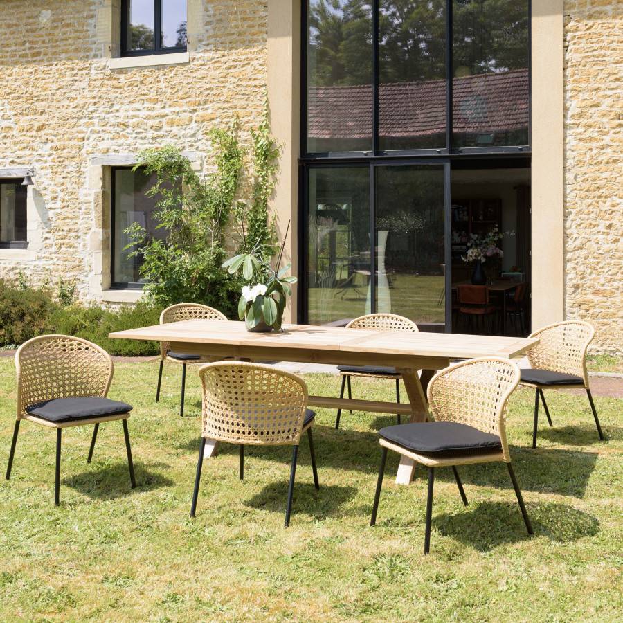 Macabane - MALO - SALON DE JARDIN 6 PERS. - 1 table rectangulaire 180x100cm et 6 chaises beiges et noires - Imagen 2