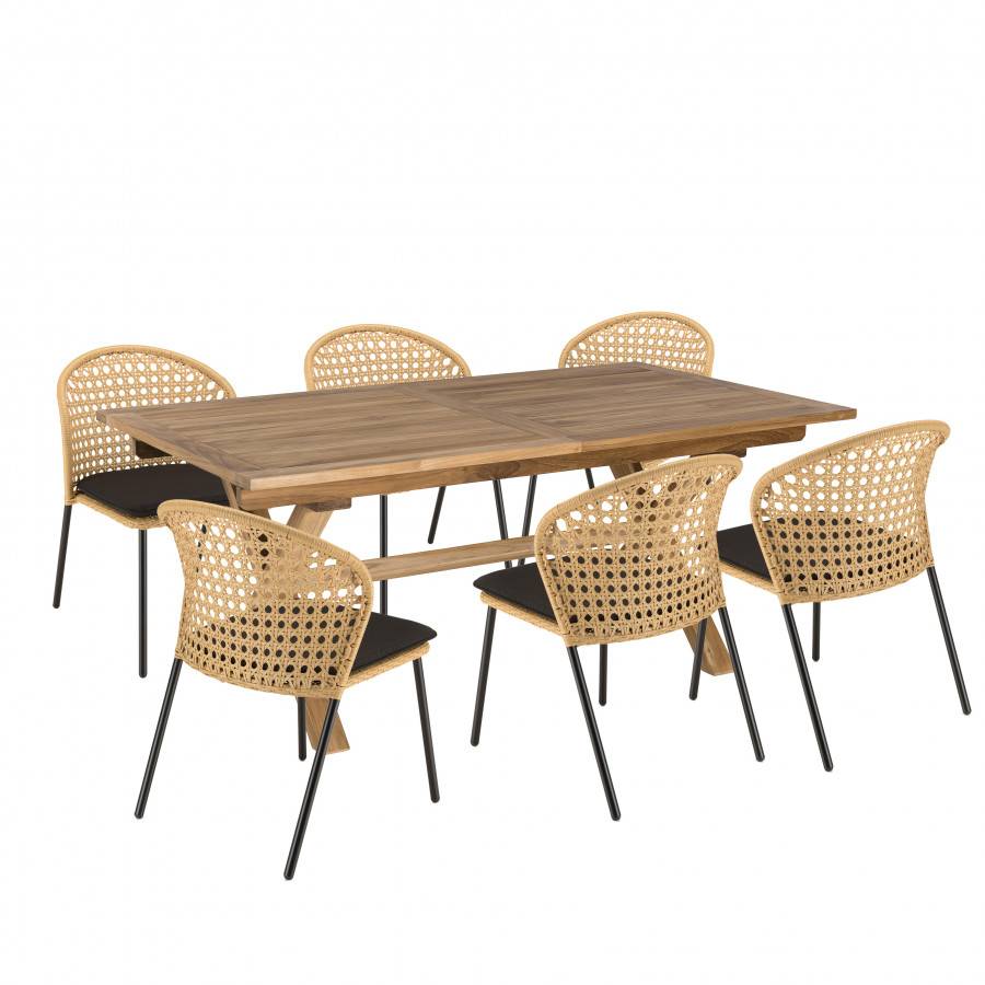 Macabane - MALO - SALON DE JARDIN 6 PERS. - 1 table rectangulaire 180x100cm et 6 chaises beiges et noires - Imagen 1