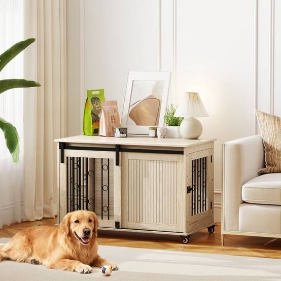 Cage pour chien en bois et acier style meuble à roulettes 100x56x65cm chêne - ComfortXL Outdoor Living - Image 1