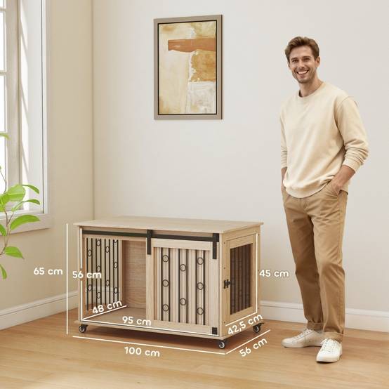 Cage pour chien en bois et acier style meuble à roulettes 100x56x65cm chêne - ComfortXL Outdoor Living - Image 3