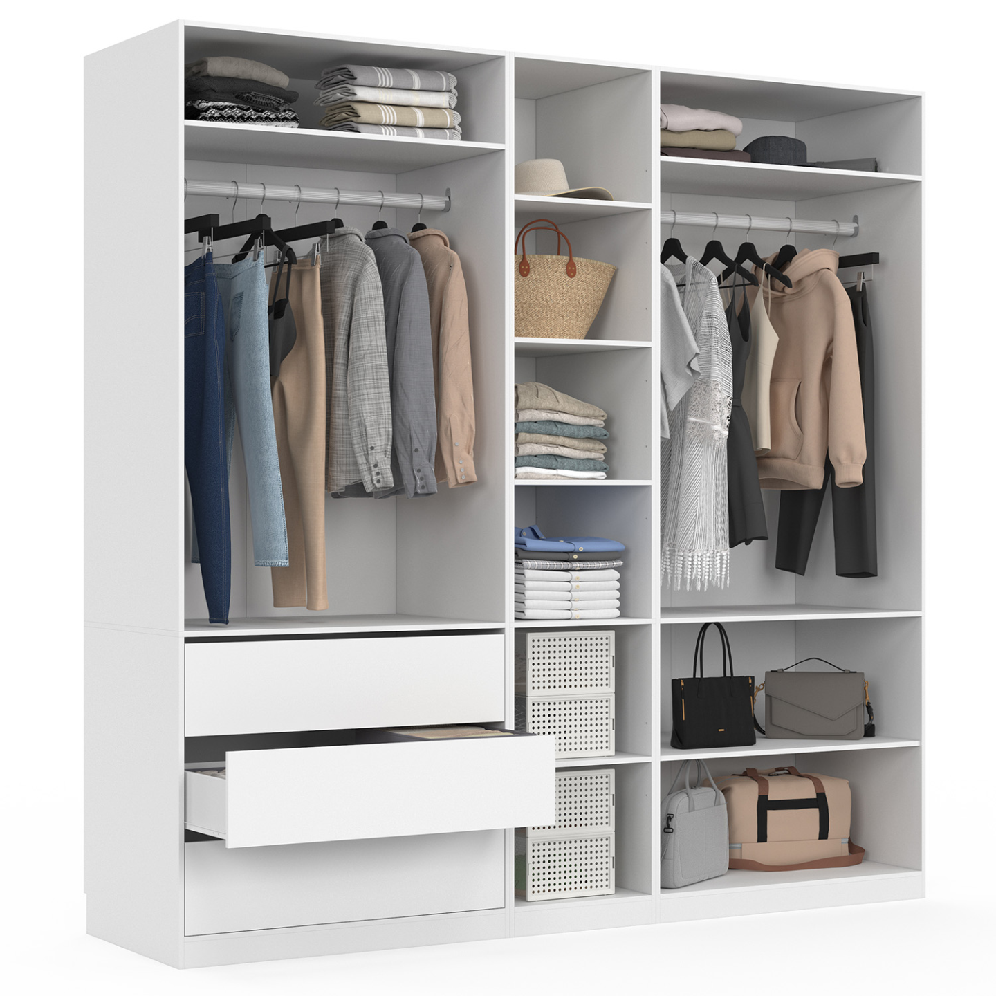 Dressing modulable TAYLOR 200 x 55 x 200 cm 3 modules avec penderies + étagères + tiroirs blanc - Image 2