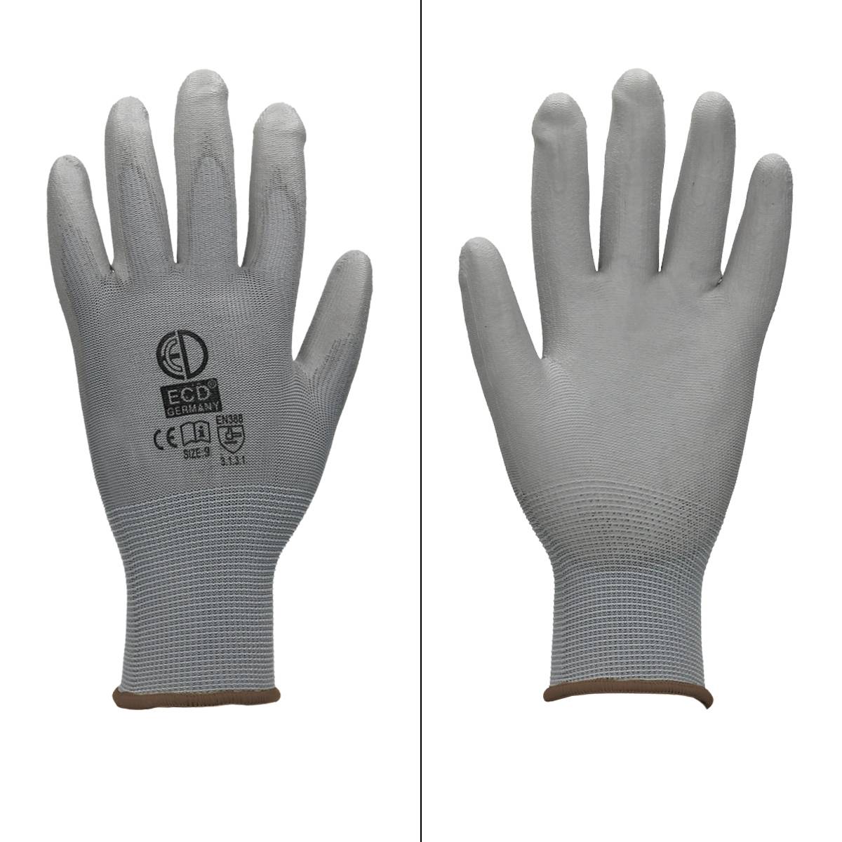 Ecd-Germany - ECD Germany 12 paires de gants de travail avec revêtement PU, taille 9-L, Gris, respirant, antidérapant - Imagen 2