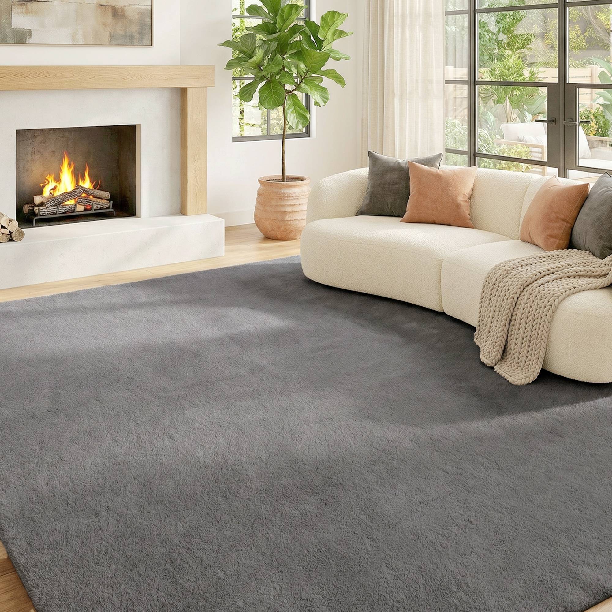 Sans Marque - Tapis salon 160x120 cm poils longs lavable machine antidérapant fausse fourrure gris clair - Image 1