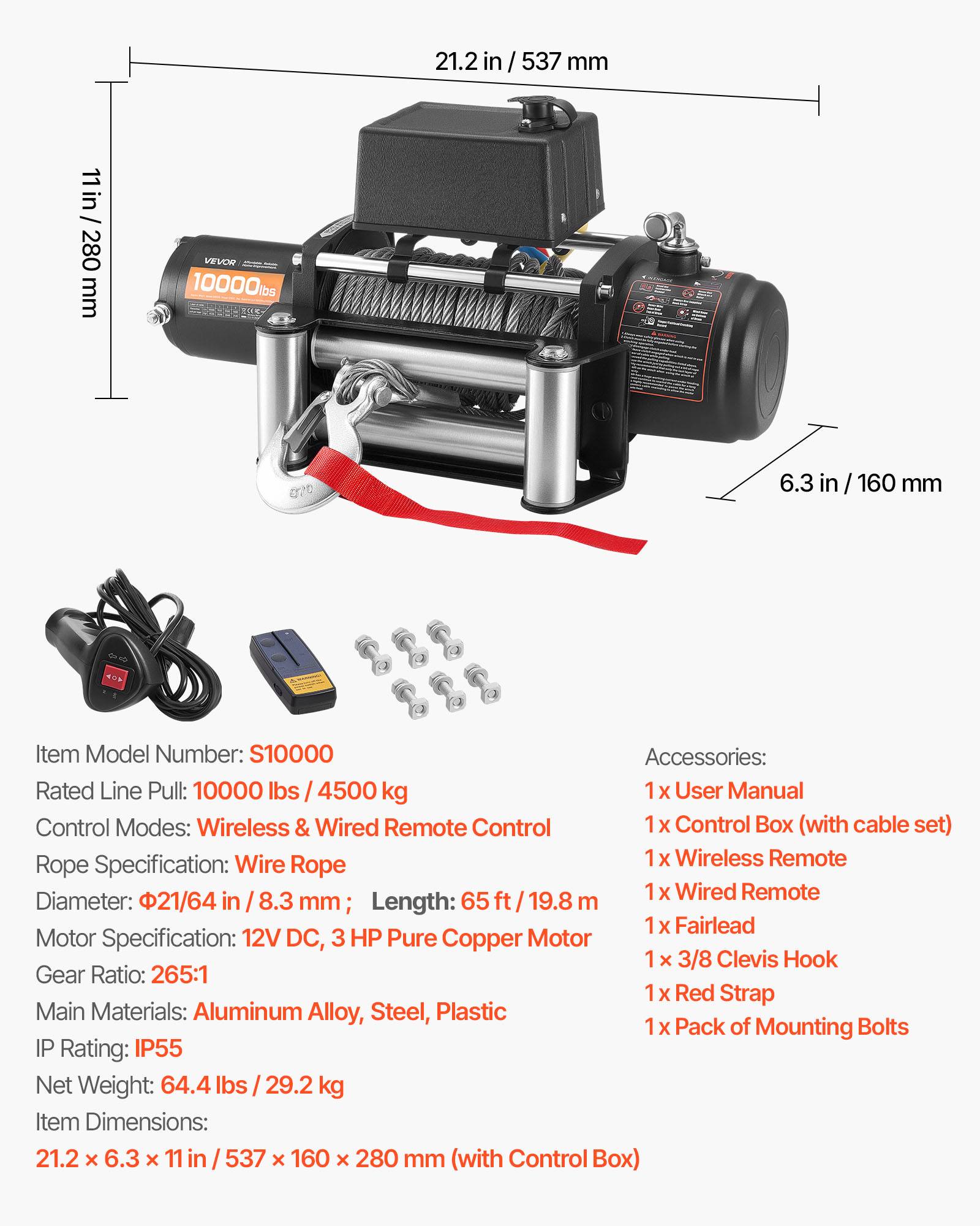 Vevor - VEVOR Treuil électrique 12 V 4 500 kg, câble acier Ø 8,3 mm x 19,8 m, télécommandes filaire et sans fil, IP55, pour SUV et tout-terrain - Image 6