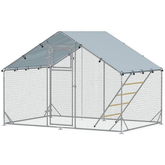 Poulailler de 6 m² pour 6 à 8 poules, avec toit étanche, mangeoire et perchoir, 3 x 2 x 1,9 m, argent - Image 2