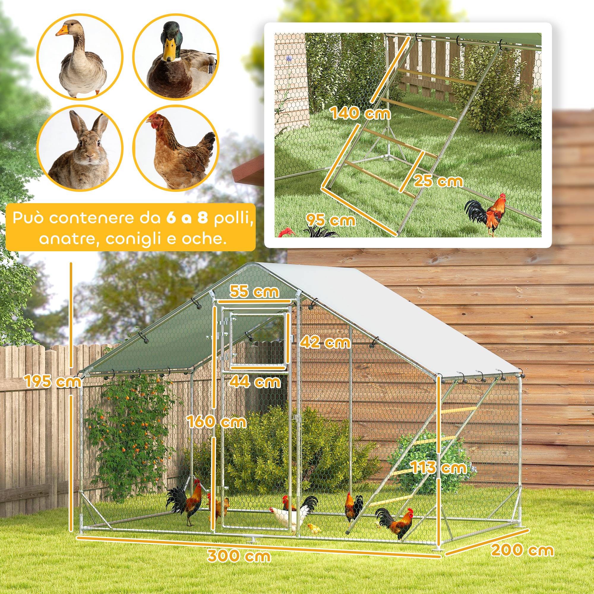 Poulailler de 6 m² pour 6 à 8 poules, avec toit étanche, mangeoire et perchoir, 3 x 2 x 1,9 m, argent - Image 5
