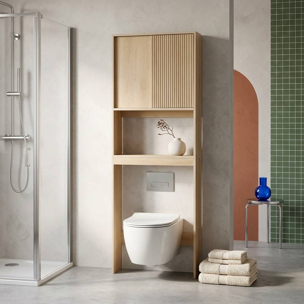 sweeek - Etagère / Meuble WC Linear avec portes coulissantes. 3 espaces de rangement. naturel. 64 x 20 x 180 cm | sweeek - Image 1