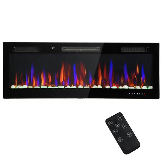 Cheminée électrique encastrable ultra-mince avec flamme 3D, luminosité et vitesse réglables, 12 couleurs de galets, 900/1800 W - Image 1