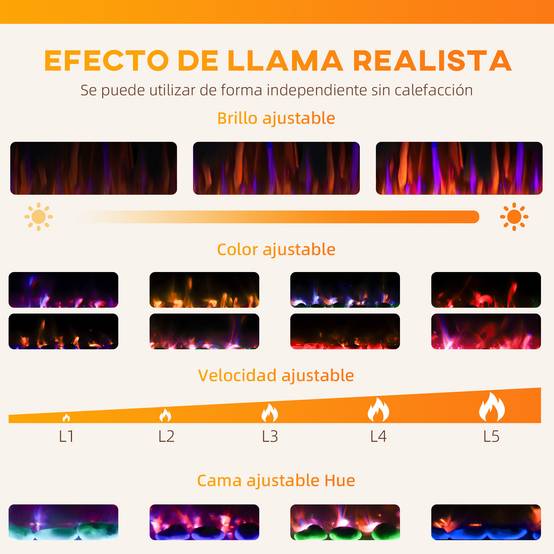 Cheminée électrique encastrable ultra-mince avec flamme 3D, luminosité et vitesse réglables, 12 couleurs de galets, 900/1800 W - Image 6