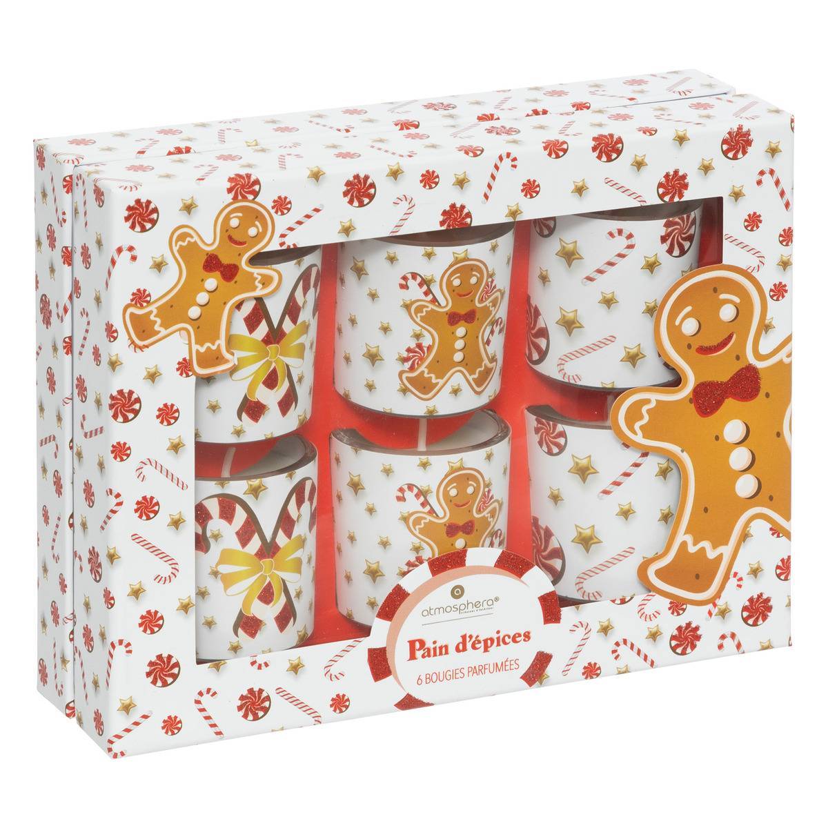 Fééric Lights & Christmas - Lot de 6 bougies parfumées 40 gr avec pot verre imprimé pain d'épice - Feeric Lights & Christmas