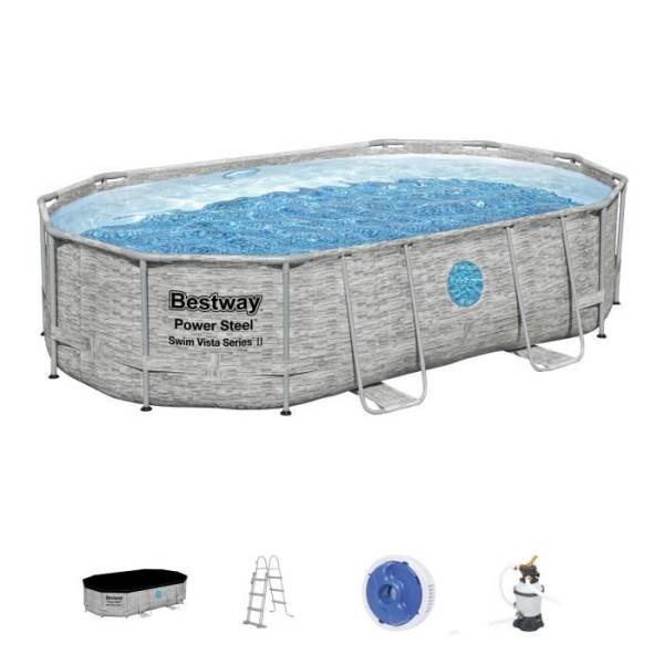 Bestway - Kit Piscine hors sol tubulaire BESTWAY - Steel Pro Max™ - 488 x 305 x 107 cm - Ovale (Filtre a sable, bâche, échelle)