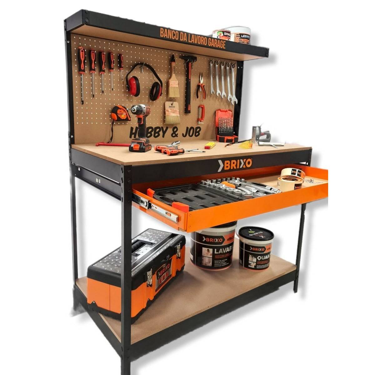 Etabli de garage avec tiroir Panneau perforé et étagère L120 xP60 x H150 cm Charge max 230 kg - Imagen 1