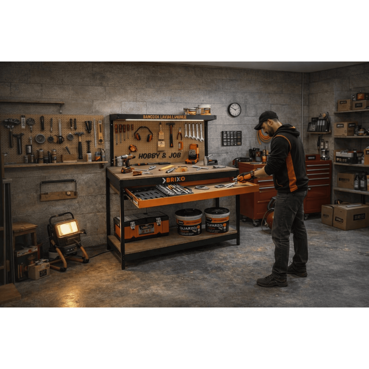 Etabli de garage avec tiroir Panneau perforé et étagère L120 xP60 x H150 cm Charge max 230 kg - Imagen 3