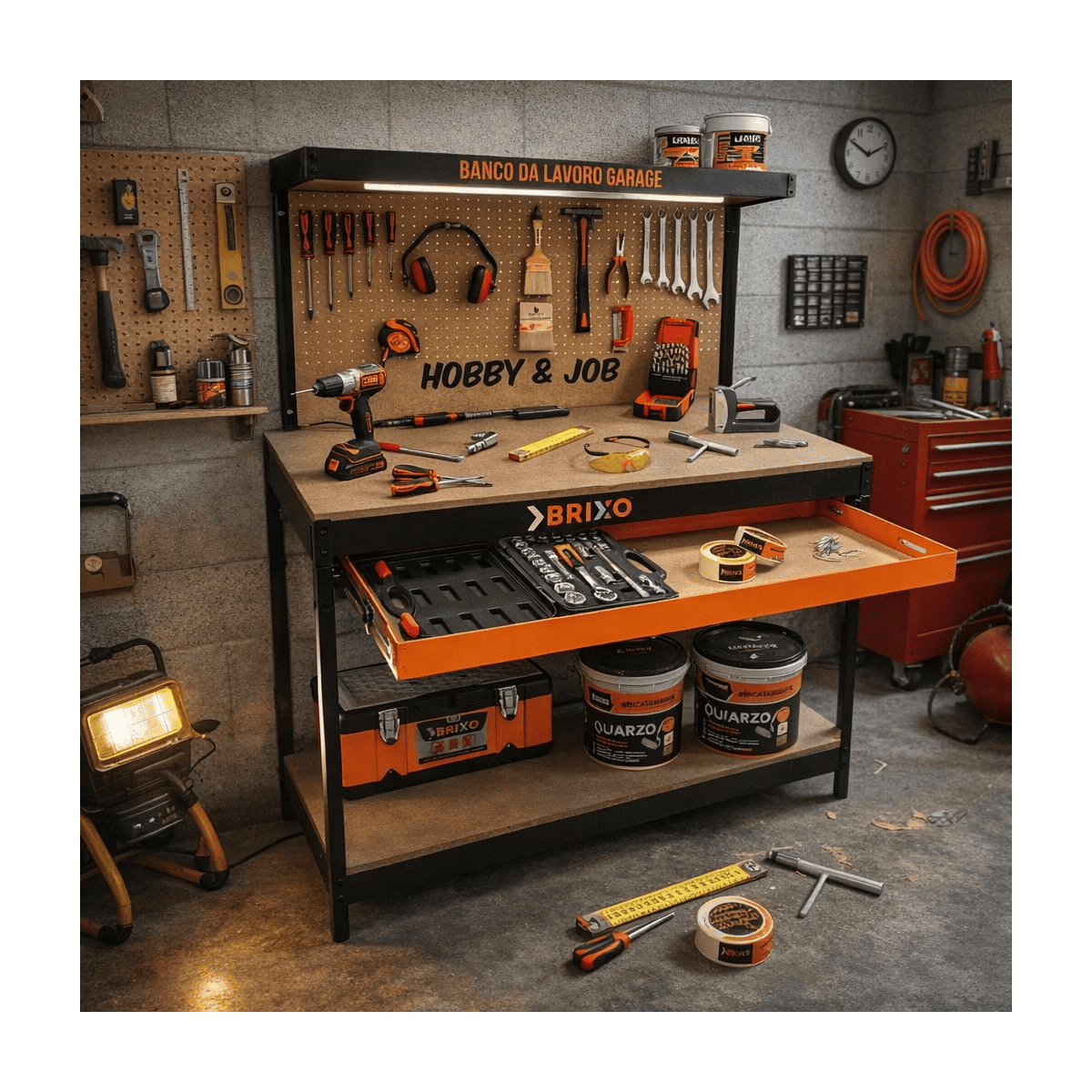 Etabli de garage avec tiroir Panneau perforé et étagère L120 xP60 x H150 cm Charge max 230 kg - Imagen 4