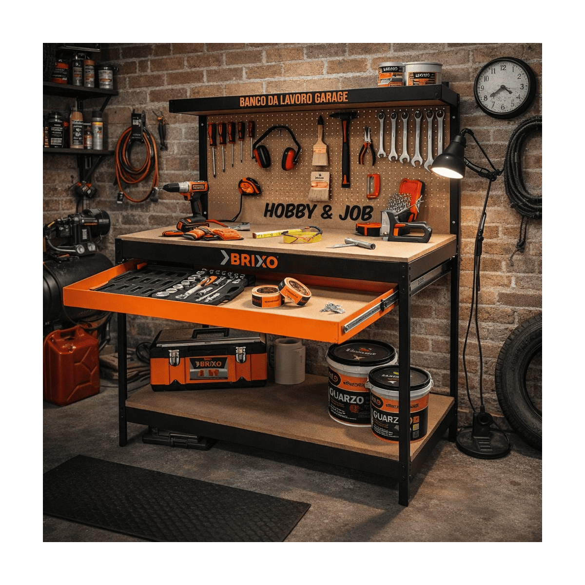 Etabli de garage avec tiroir Panneau perforé et étagère L120 xP60 x H150 cm Charge max 230 kg - Imagen 2