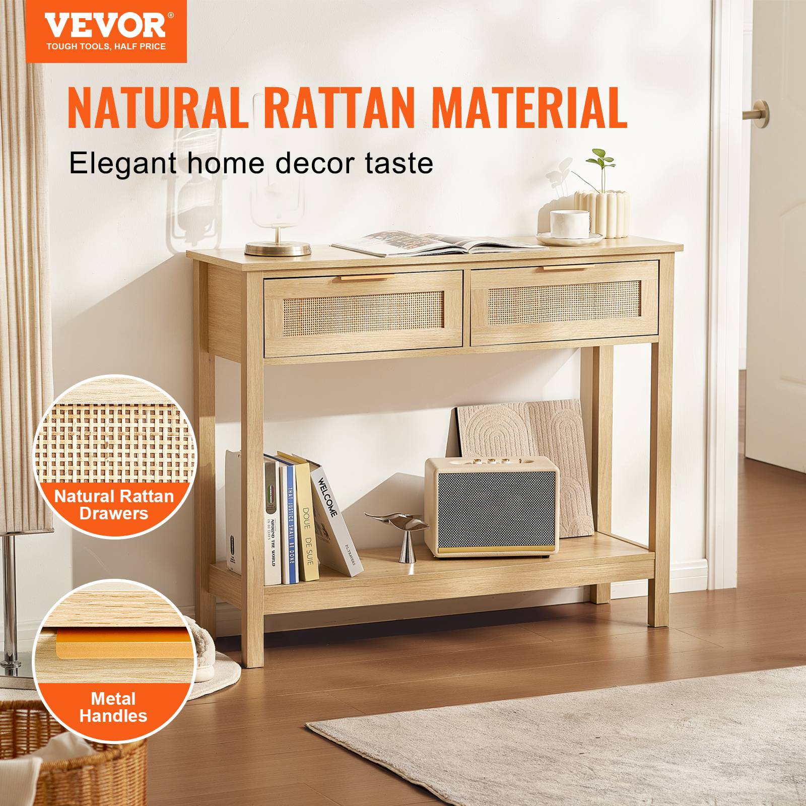 VEVOR Table console rotin, 2 tiroirs, porte coulissante, 1000x295x815 mm. Rangement, naturel. - Image 2