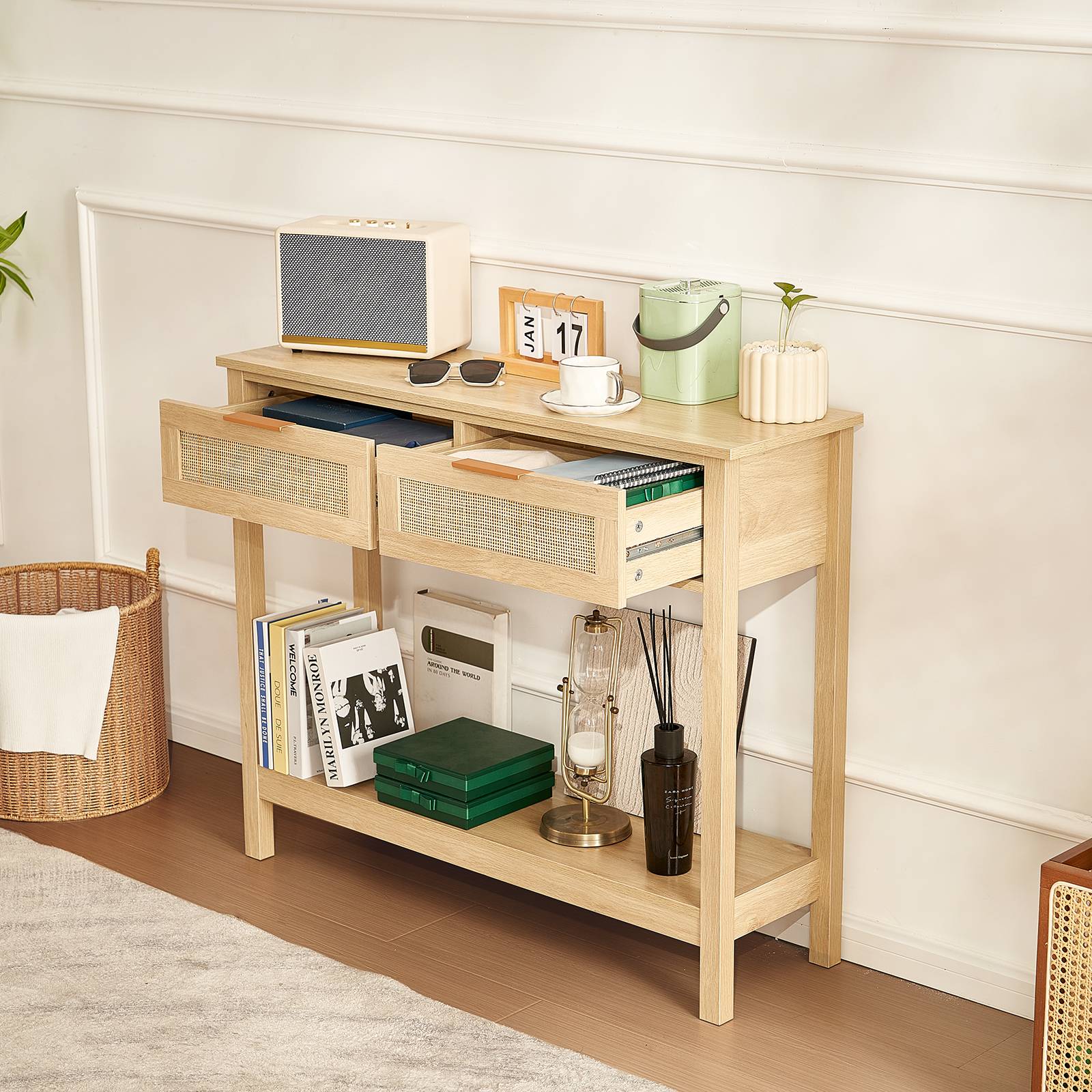 VEVOR Table console rotin, 2 tiroirs, porte coulissante, 1000x295x815 mm. Rangement, naturel. - Image 8