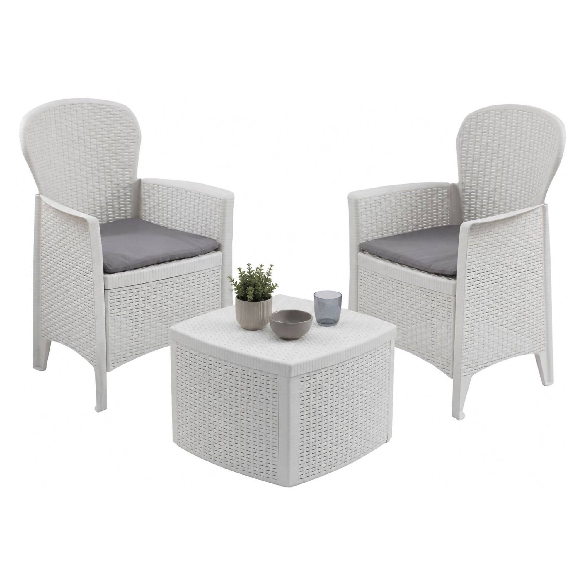 Dmora - Set salon d'extérieur Napoli, Salon de jardin composé de 2 fauteuils et 1 table conteneur, Salon effet rotin, 100% Made in Italy, Blanc - Dmora - Imagen 1