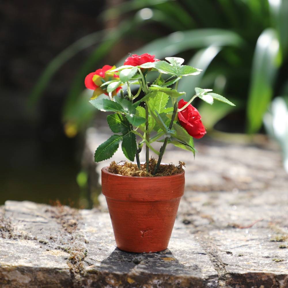 ~Rosier plante fleur artificielle extérieur cimetière tissu rouge 12cm Chemin de campagne - Imagen 4