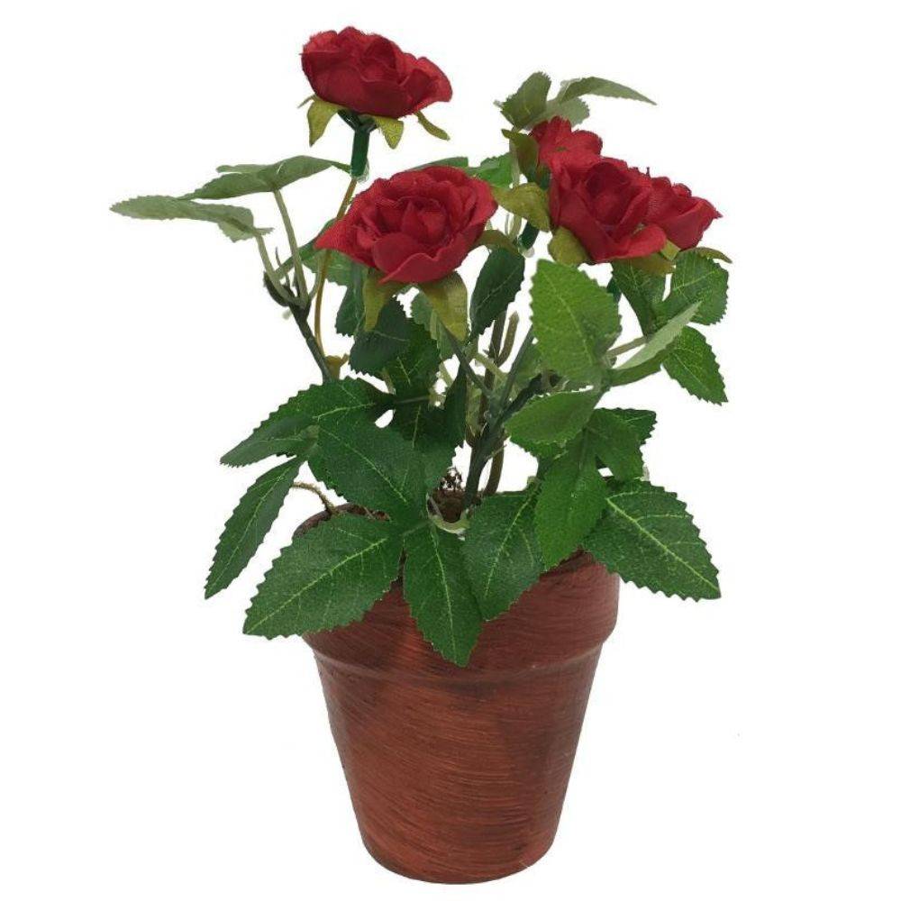 ~Rosier plante fleur artificielle extérieur cimetière tissu rouge 12cm Chemin de campagne - Imagen 1