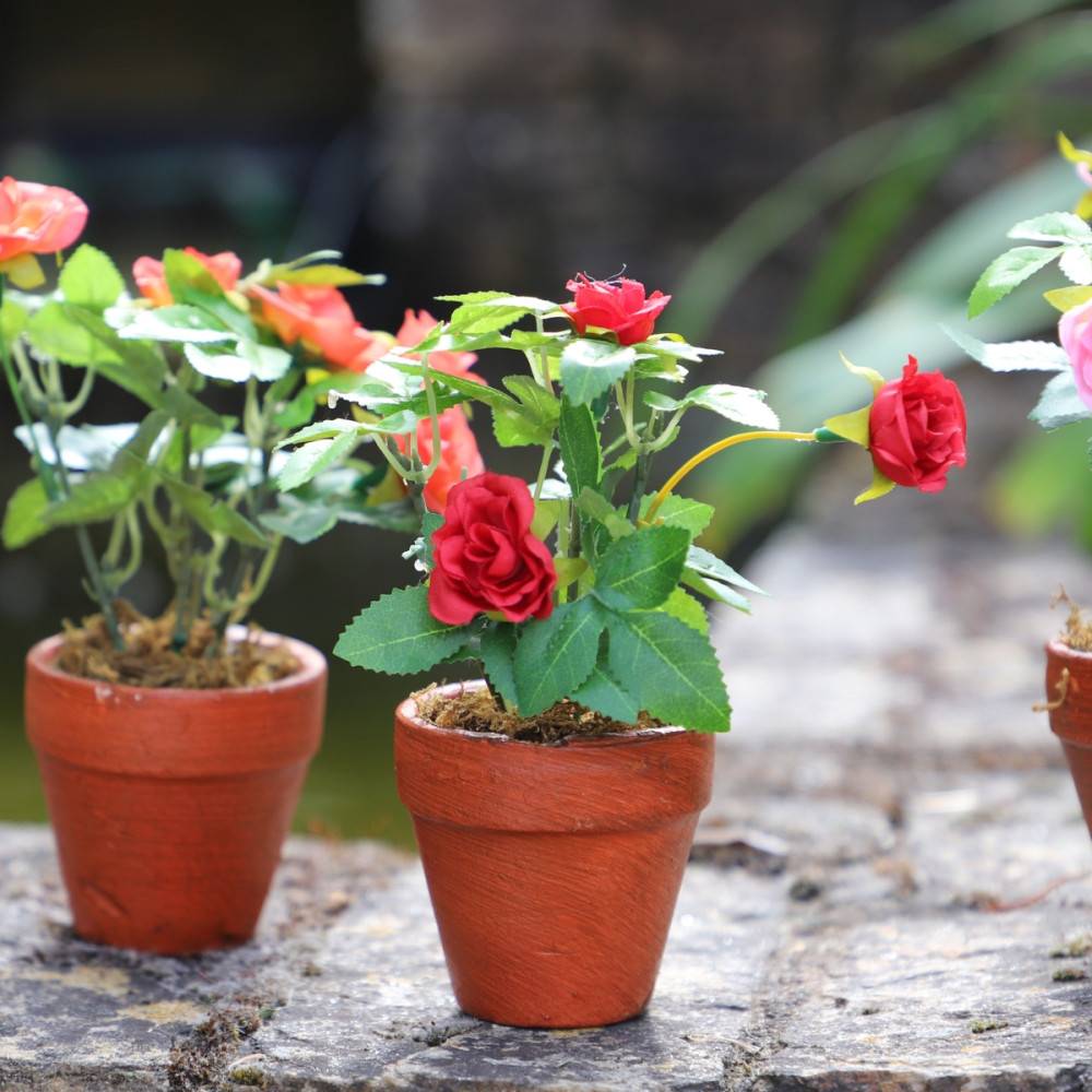 ~Rosier plante fleur artificielle extérieur cimetière tissu rouge 12cm Chemin de campagne - Imagen 5