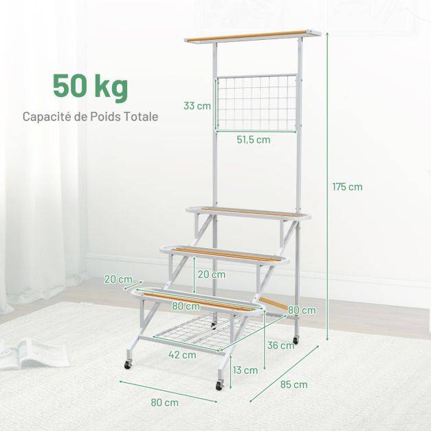 Helloshop26 - Support étagère pour plantes sur roulettes en métal treillis barre de suspension étagères à lattes salon jardin balcon blanc - Imagen 2