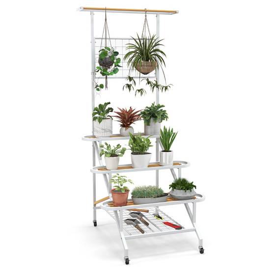 Helloshop26 - Support étagère pour plantes sur roulettes en métal treillis barre de suspension étagères à lattes salon jardin balcon blanc - Imagen 1