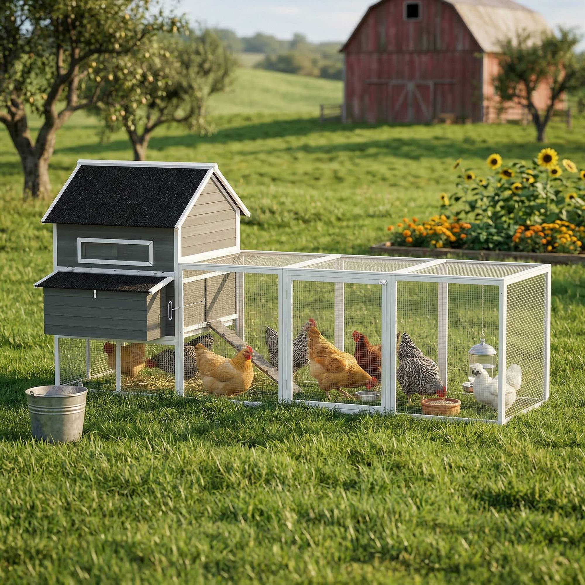 Poulailler bois, enclos, nid, toit asphalte, tiroir, 4-6 poules, 347x160x150 cm, gris foncé - Image 3