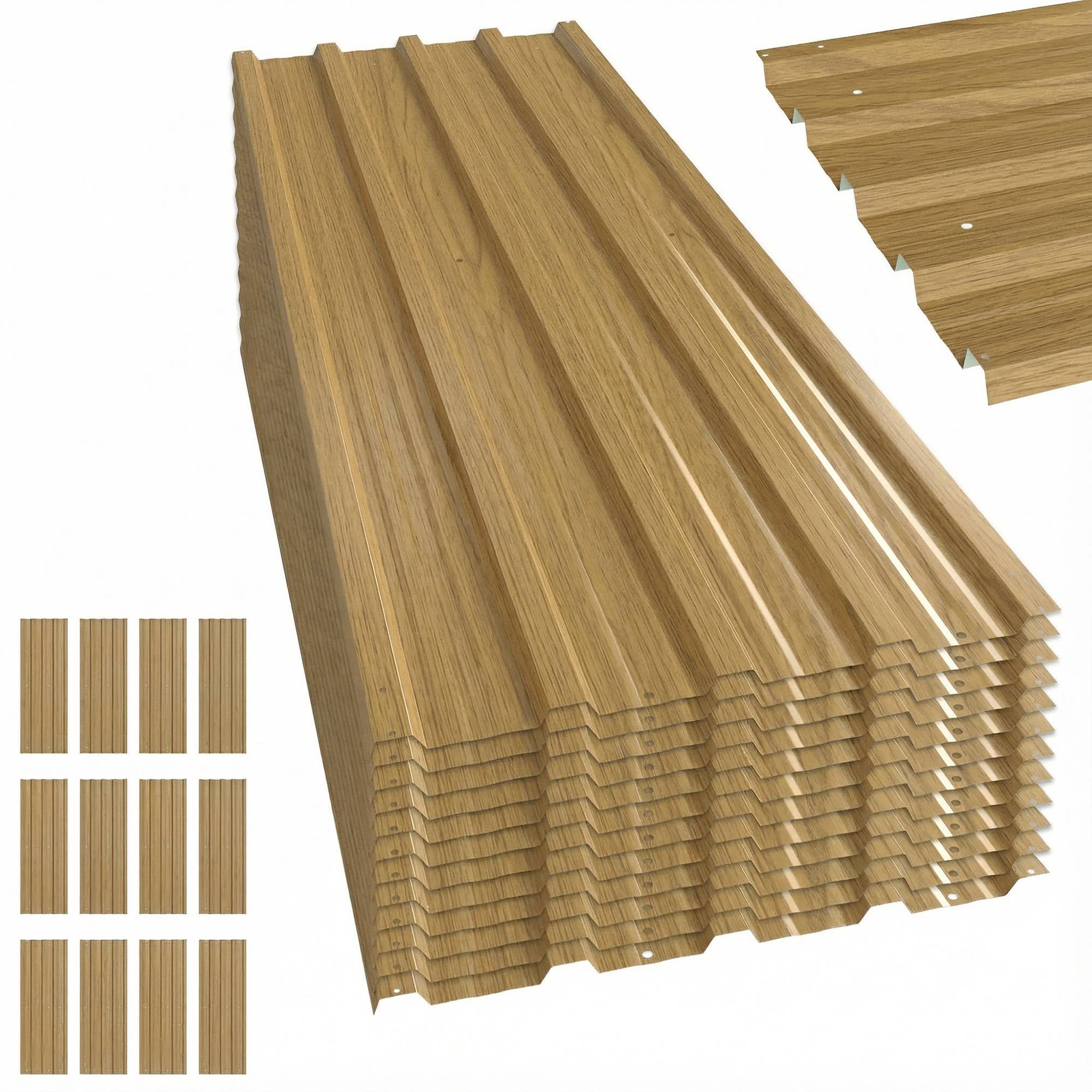 ComfortXL - Lot de 12 tôles de bardage et toiture en acier galvanisé aspect bois naturel 129 x 45 cm pour abri et garage - Image 2