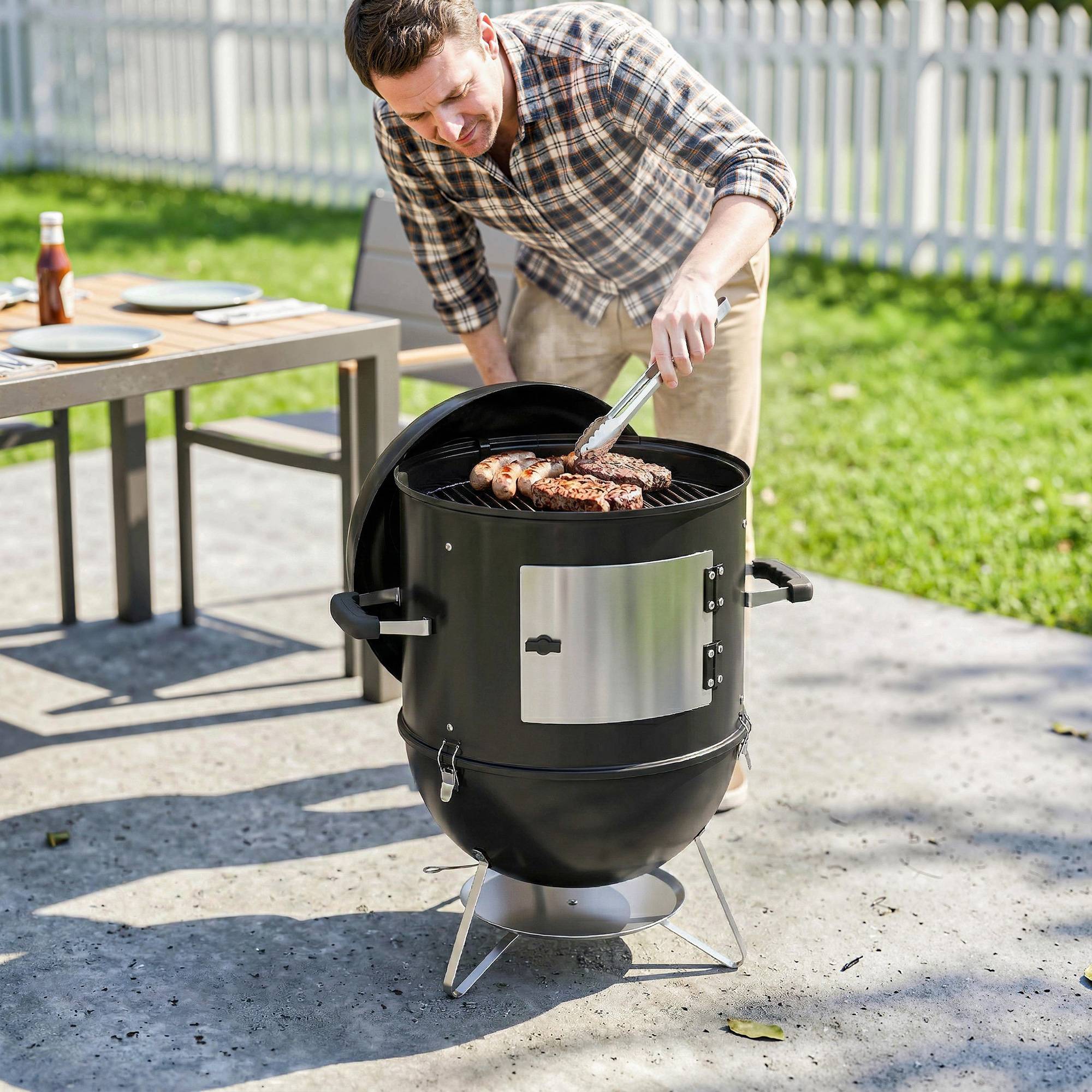 Fumoir 3 en 1 avec 3 Grilles de Cuisson, Thermomètre Intégré, Ventilation Réglable, 62,5x47,5x91cm, Noir - Image 3
